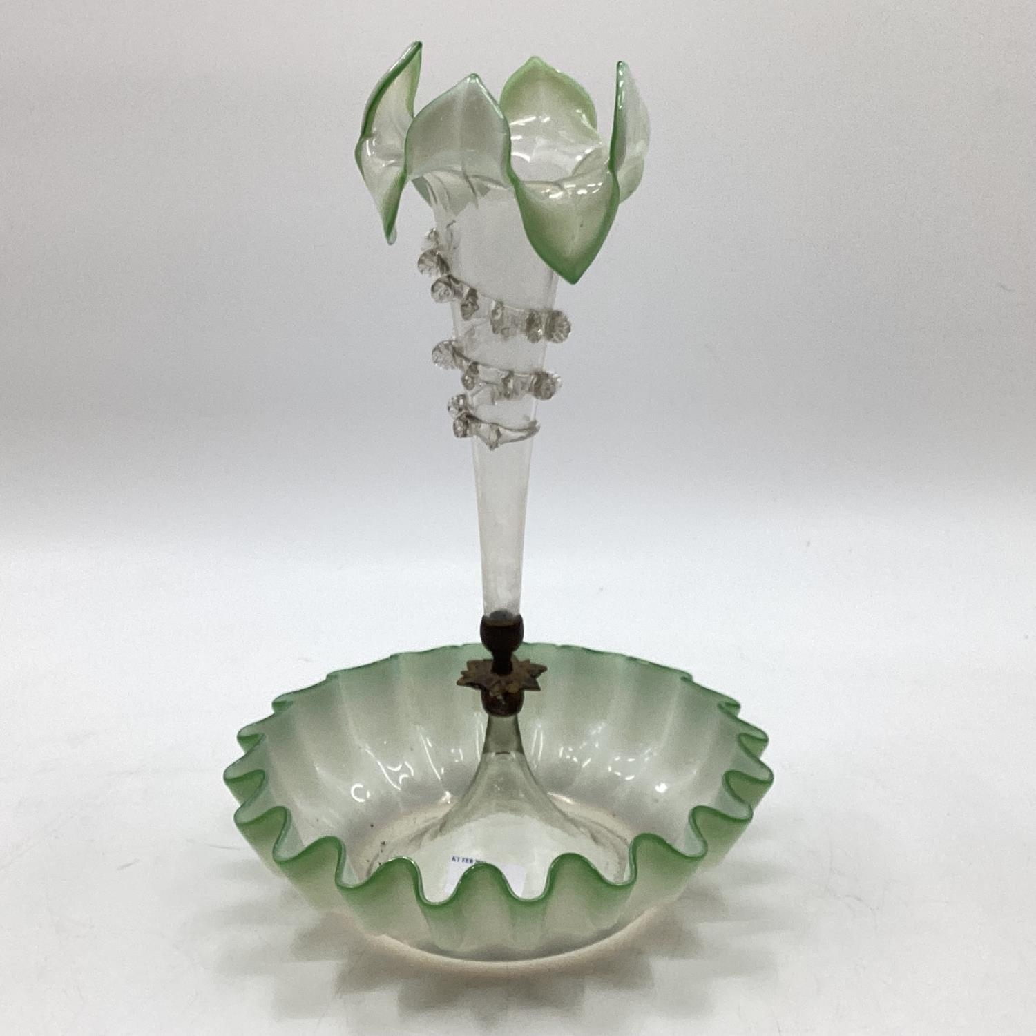 A glass epergne, with green fluted rim and top, 36cm H