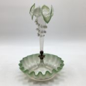 A glass epergne, with green fluted rim and top, 36cm H