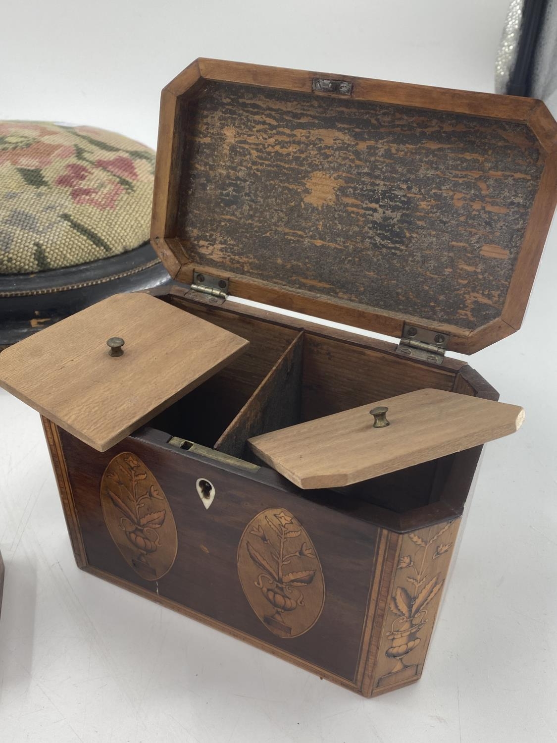 An inlaid tea caddy, with two sections and internal lids, and a smaller burr box, and a mahogany - Image 2 of 2