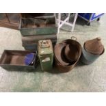 Quantity of vintage items, tin trunks, planters, fuel drums, bucket, and old irons etc, all