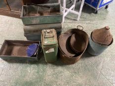 Quantity of vintage items, tin trunks, planters, fuel drums, bucket, and old irons etc, all