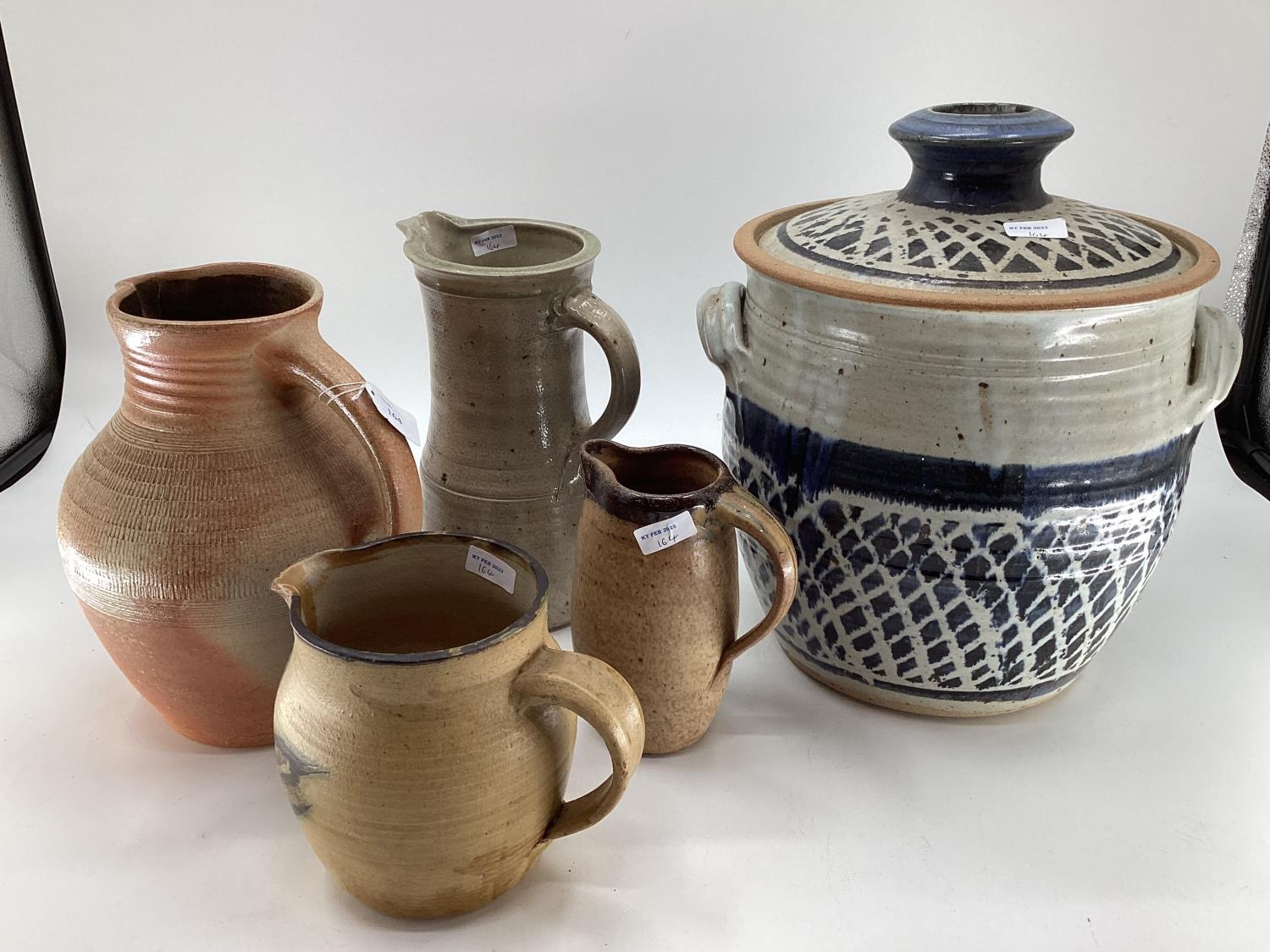 Collection of Studio Pottery kitchen ware, to include a large lidded bread crock and salt glazed jug