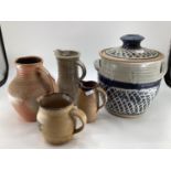 Collection of Studio Pottery kitchen ware, to include a large lidded bread crock and salt glazed jug