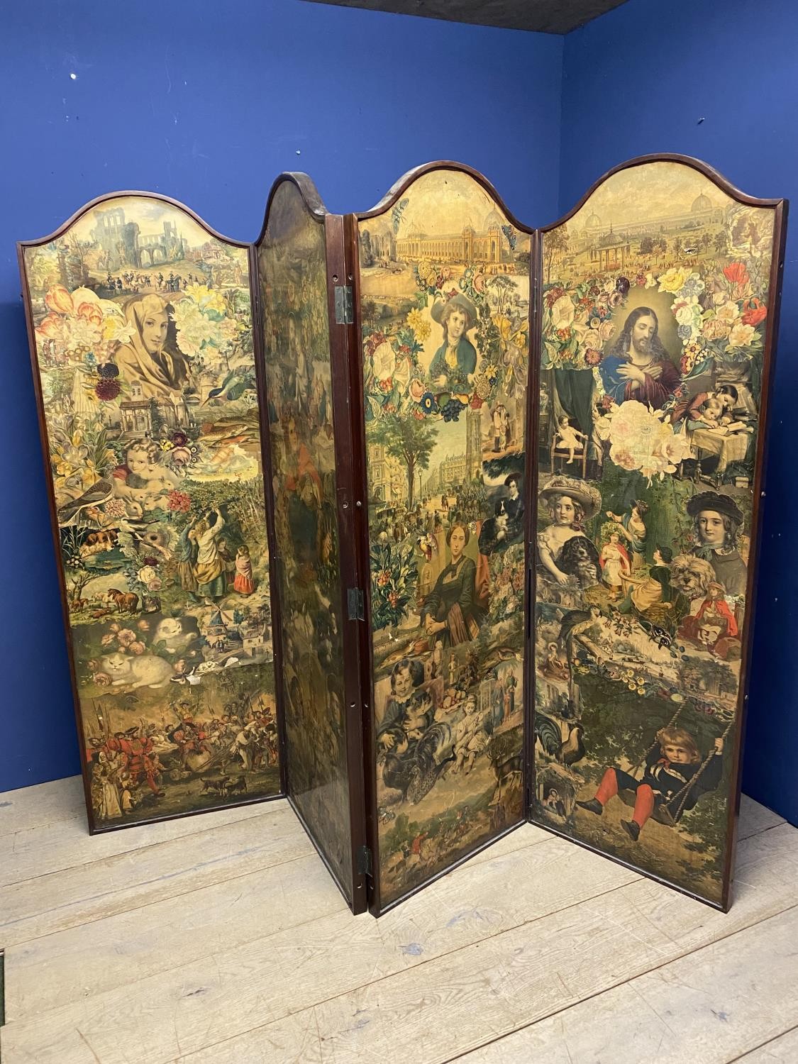 A four fold decorative screen, covered Decoupage with Victorian and Edwardian images, as found