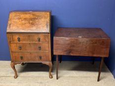 Mahogany table with tapering legs and two fall flaps, 74.5cm Wide, and a small bureau. Some wear