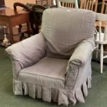 Arm chair, with chequered pattern upholstery, as found