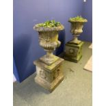 A handsome pair of garden urns, weathered stone, 117cmH