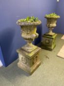 A handsome pair of garden urns, weathered stone, 117cmH