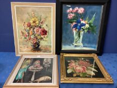 A collection of original artworks and prints, still life's, 2 framed and glazed, the rest in