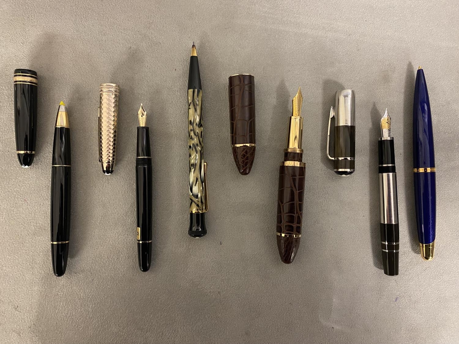 A collection of Fountain Pens, to include Louis Vuitton, 3 Mont Blancs and others, in a presentation