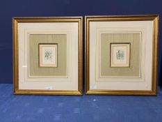 Pair of gilt glazed framed, and silk and card mounted drawings (?/or copies) of a frog and hound