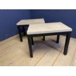 Pair of oblong low side tables, with black metal base and heavy marble style tops, 76.5cm W x 51cm D