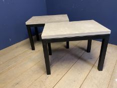 Pair of oblong low side tables, with black metal base and heavy marble style tops, 76.5cm W x 51cm D