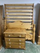 Modern 4'6 pine double bed, and a matching small chest of 4 long drawers, 75cmH x 84cmW