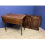 Oak two door small hanging wall cupboard, 63cmH x 75cmW x 27cmD ; and a mahogany side table with one