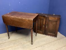 Oak two door small hanging wall cupboard, 63cmH x 75cmW x 27cmD ; and a mahogany side table with one