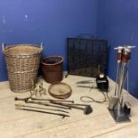 Grenadier fire starter, a fire spark guard and modern fire dogs, fire tongues and basket ware etc,
