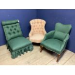3 small upholstered chairs, in green and pink, see photos