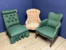 3 small upholstered chairs, in green and pink, see photos