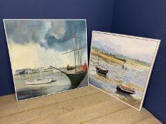 Two contemporary harbour, boating, loch paintings, one bears signature H Taylor, set in wooden