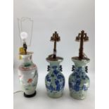 pair of C20th oriental baluster vases, converted to lamps with brass fittings, 59cm, and another