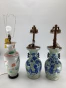 pair of C20th oriental baluster vases, converted to lamps with brass fittings, 59cm, and another