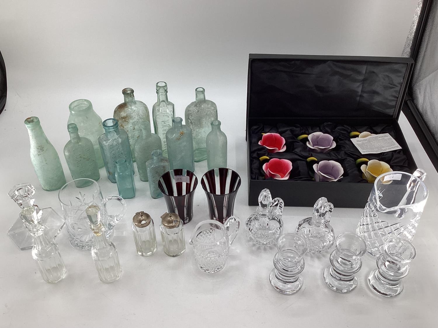 Boxed set of Mirai Systems decorative cabinet candle holders, and a collection of C20th glass