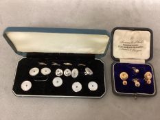 A set of 9ct white gold mother of pearl and sapphire dress studs and cufflinks in fitted box