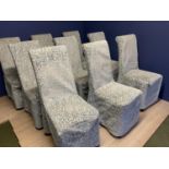 Set of 9 modern high backed dining chairs, with upholstered white seats, and all with blue and cream