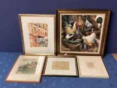 Collection of original art wors and prints to include an acrylic on board of chickens by Ken Hawker,