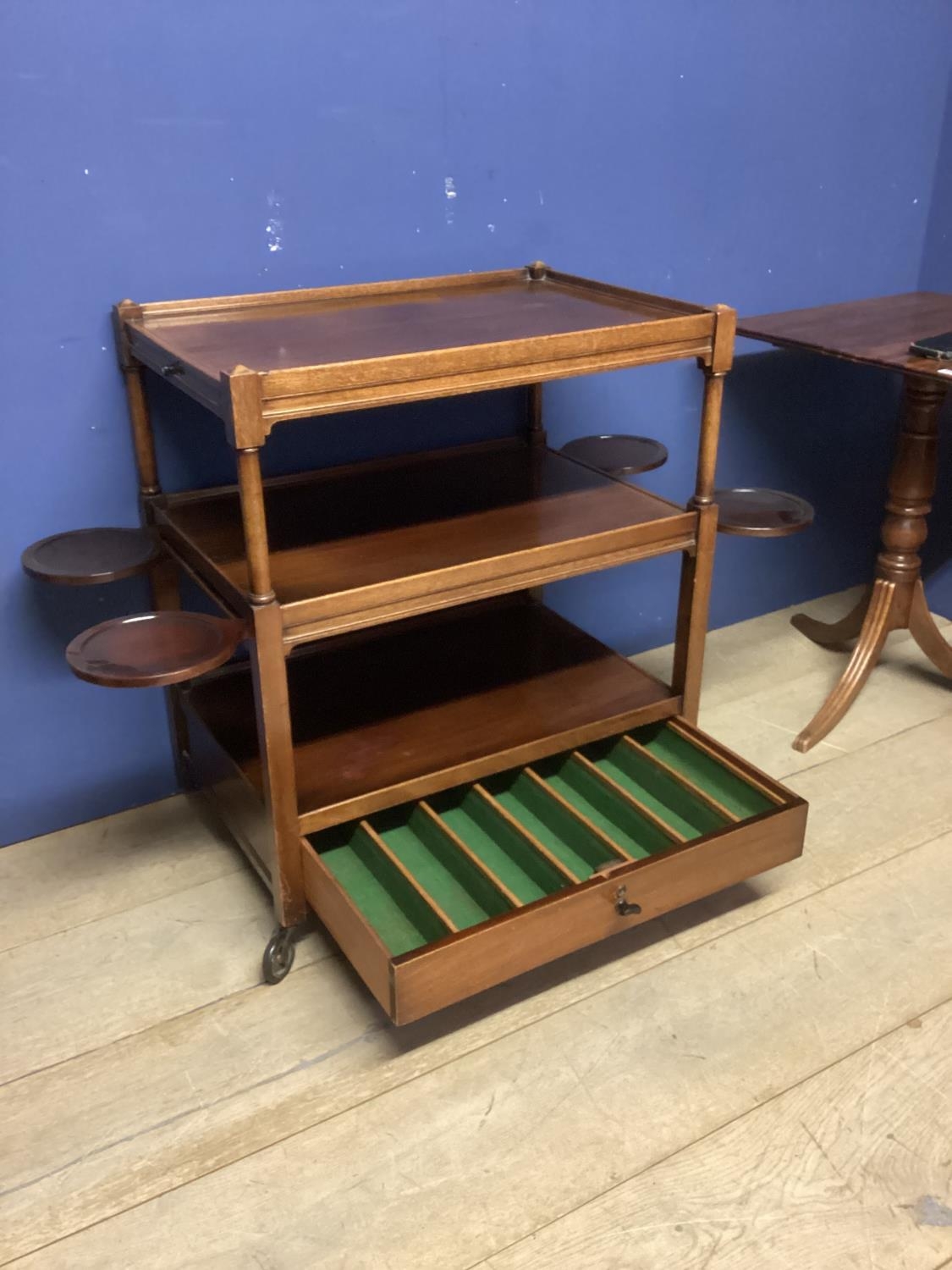 Small mahogany two tier buffet with drawer below, on wheels, and a fold over table, a fall flap - Image 5 of 7