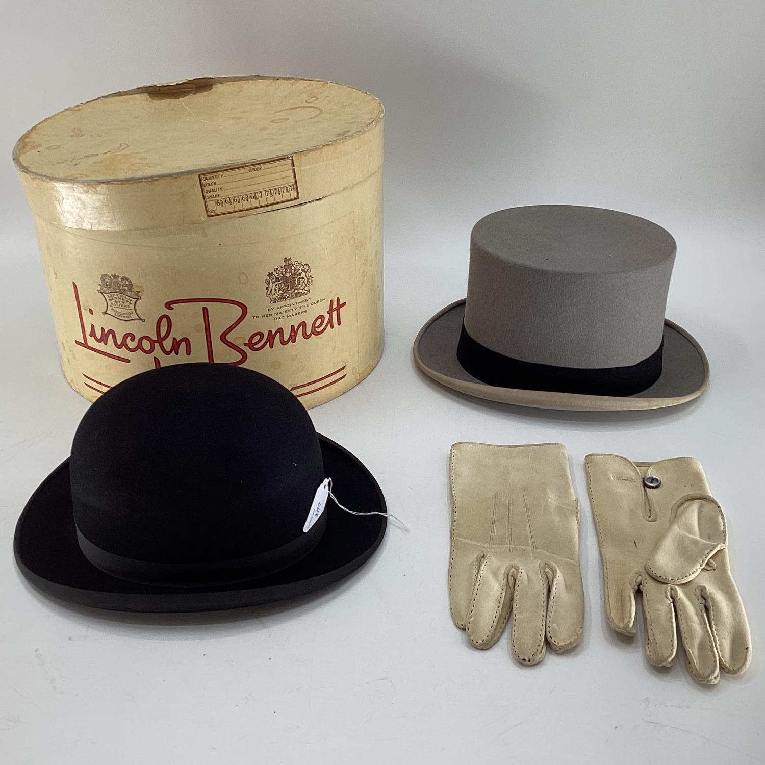 Vintage lot, Lincoln Bennett Bowler 7 1/4 and a Lincoln Bennett London hat box and a worn 71/4