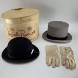 Vintage lot, Lincoln Bennett Bowler 7 1/4 and a Lincoln Bennett London hat box and a worn 71/4