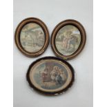 Three oval shaped gilt glazed pictures, 2 being tapestry/crewel work, some damage, 23cmH x 180 cm