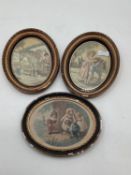 Three oval shaped gilt glazed pictures, 2 being tapestry/crewel work, some damage, 23cmH x 180 cm