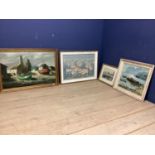 collection of framed artworks, to include Oil on canvas of a beach scene signed lower right Trot, an