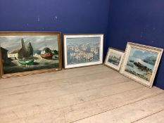 collection of framed artworks, to include Oil on canvas of a beach scene signed lower right Trot, an