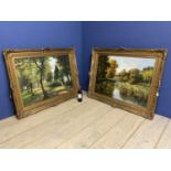 Two gilt framed large oil on canvas of village and river scenes, both approx 71 x 98cm