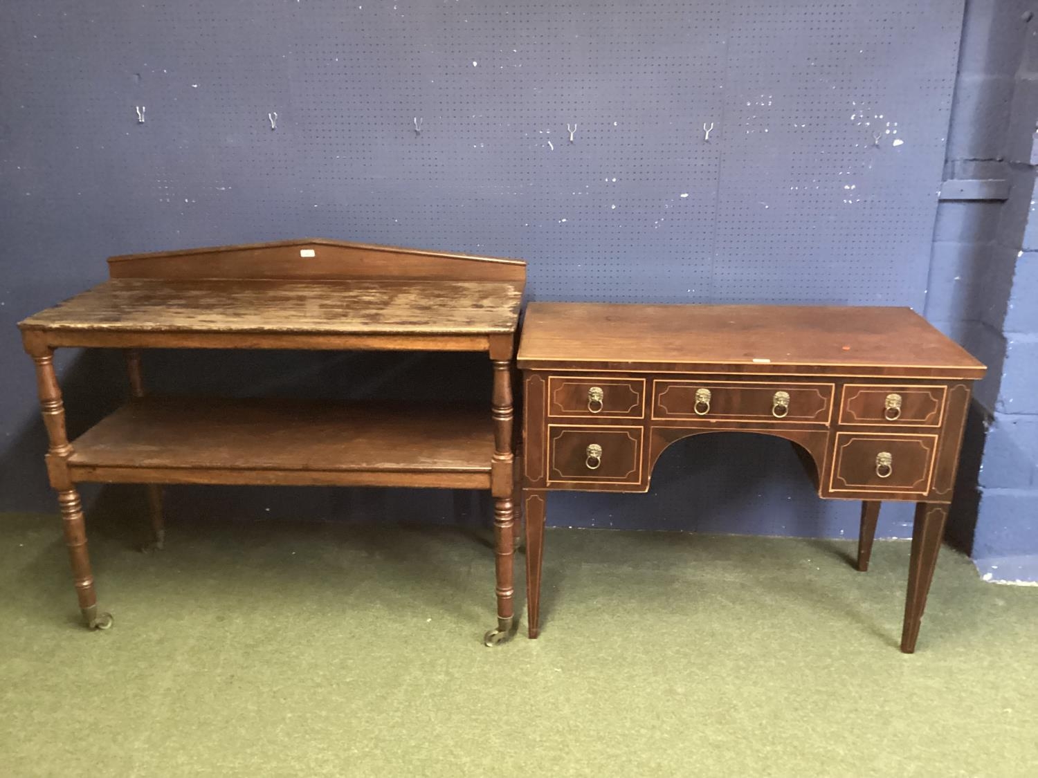 Mahogany two tier Buffet 117cmW x 97cmH, and a faded mahogany knee hole dressing table with 5