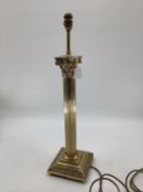 A C20th brass column table lamp on square base, 66cmH