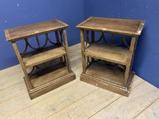 Two side tables with circular cut out design to back and central shelf , 64cmW x 80cmH x 39cmD, some