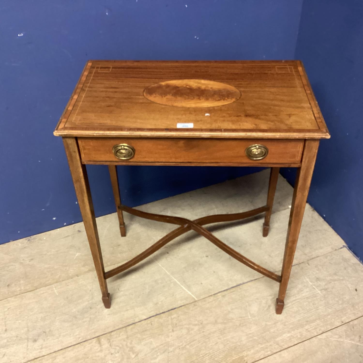 Satinwood and inlaid small occasional side table, with tapered legs and curved cross stretcher, - Image 2 of 2