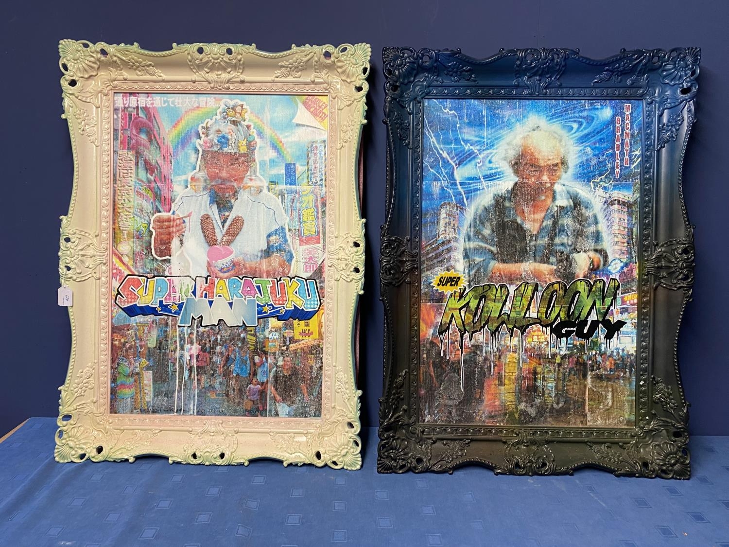 Two decorative modern punk/street art pictures, framed, and painted verso, Titled verso "Super