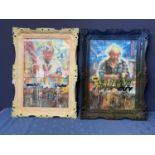 Two decorative modern punk/street art pictures, framed, and painted verso, Titled verso "Super