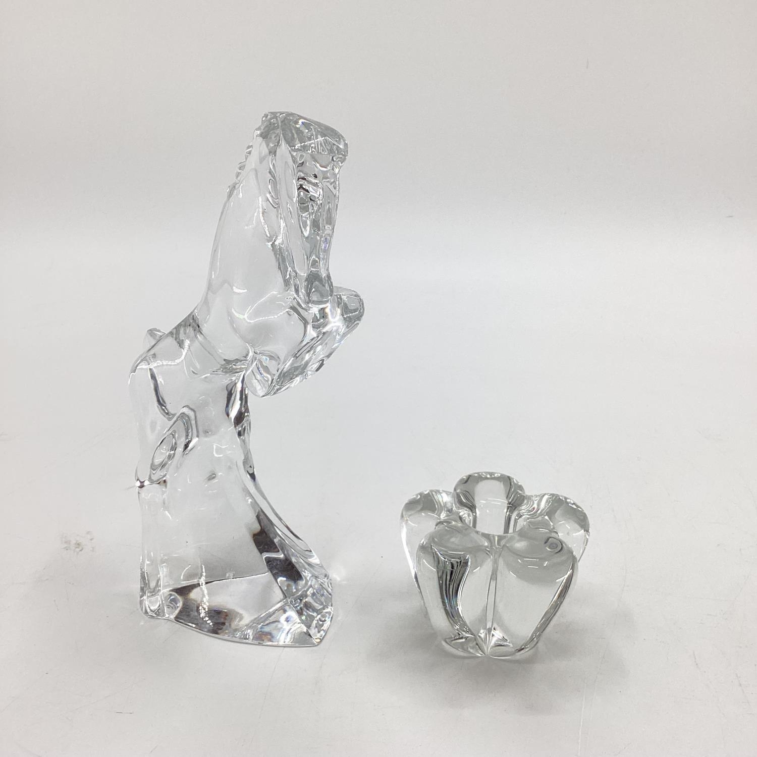 Baccarat, a glass table sculpture of a rearing horse together with a Daum candle holder