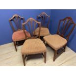 A set of 4 shield shaped back dining chairs, with red cheque upholstery, some general wear