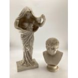 A plaster bust of a classical figure on turned socle base together with a faux marble figure of a