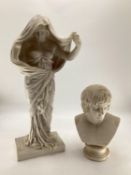 A plaster bust of a classical figure on turned socle base together with a faux marble figure of a