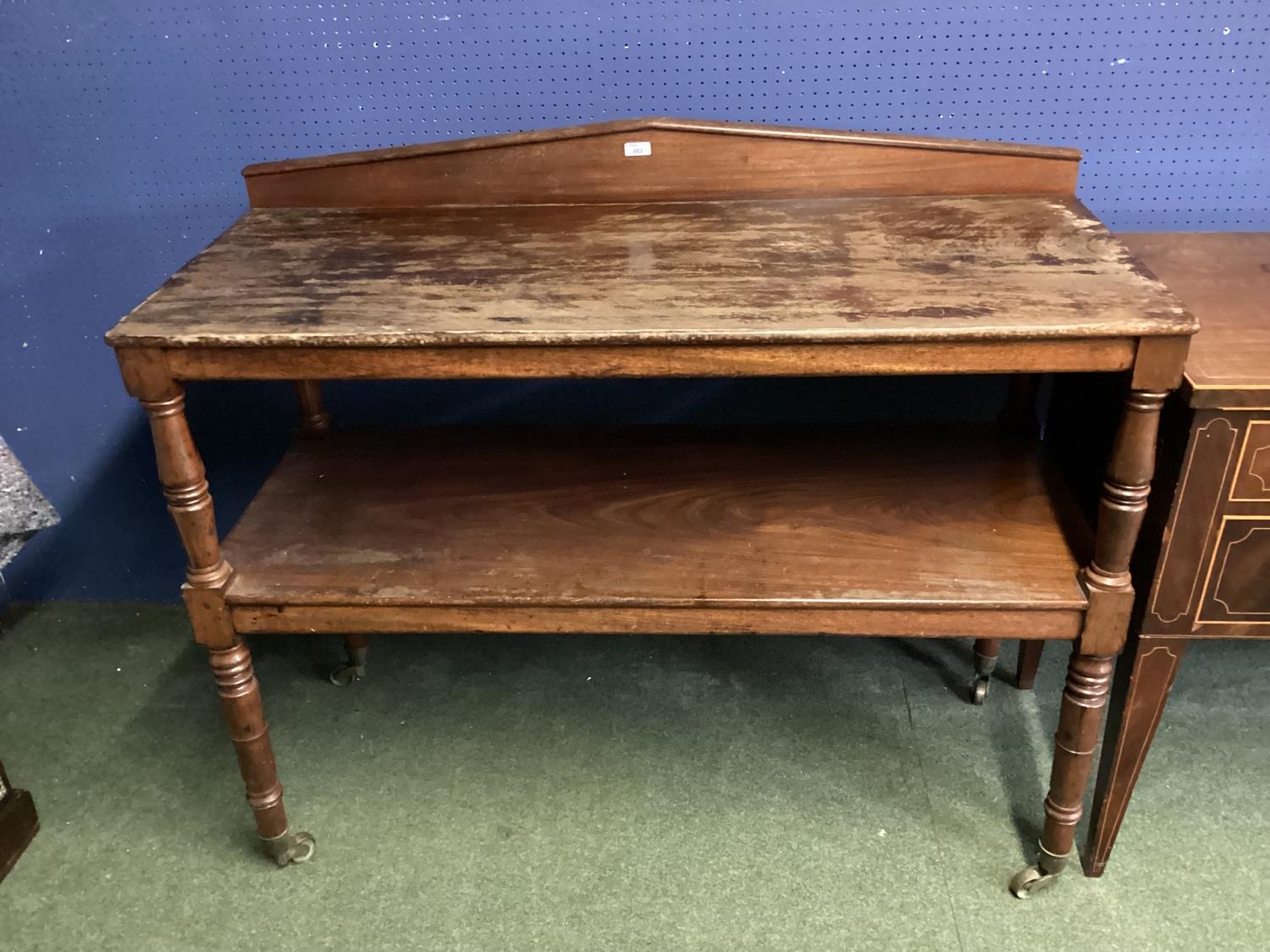 Mahogany two tier Buffet 117cmW x 97cmH, and a faded mahogany knee hole dressing table with 5 - Image 2 of 2