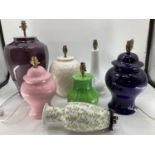 A large purple table lamps, 50cm H approx, a pair of white, and other table lamps, blue, green, pink